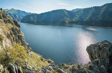 Obraz premium Yenisei River, Sayan mountains. Wild place in Siberia, Krasnoyarsk region.
