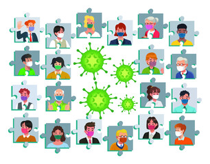 Huge coronavirus COVID-19 and portraits avatars of people.
Together wear mask to fight coronavirus vector illustration.