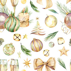 Watercolor Christmas seamless pattern on white background. Gold and green christmas digital paper pack,  seamless paper with golden christmas decor, gold christmas, wrapping paper