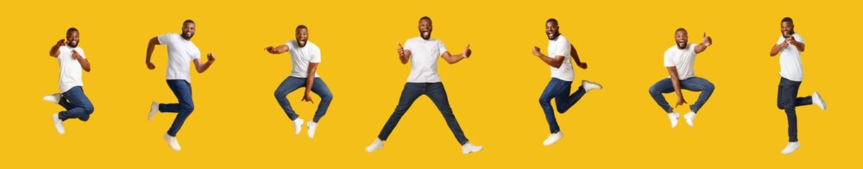 Fototapeta na wymiar Collage of jumping millennial black guy on yellow background
