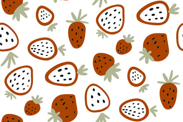 Red strawberry. Vector seamless pattern with strawberries isolated on white background. Hand drawn. Fruit background. Vector print for fabric and wallpaper. Berries on a white background.