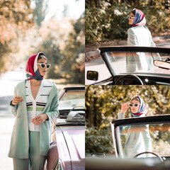 collage of young fashionable woman in headscarf and coat touching sunglasses while standing near...