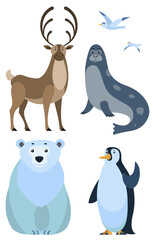 Four arctic and antarctic wild animals and birds isolated on white background. Emperor penguin and sea calf, reindeer and polar bear, seagulls. Vector illustration of cartoon characters in flat style