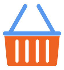 Orange empty grocery basket with blue handles icon isolated on white. Colorful plastic shopping cart. Logistic worldwide,international distribution. E-commerce concept flat vector illustration