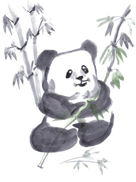 Panda bear cub and bamboo. Watercolor illustration jpg