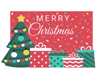 Holiday Marry Christmas with fir and gifts banner. Buying, receiving, giving gifts. Celebration Christmas and New Years holiday. Vector