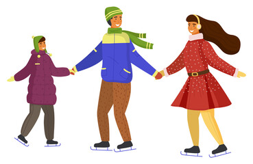 Family skating together in warm winter clothes isolated at white background, young people mother, father, son spend leisure time together holding hands skates on, activity or hobby at nature