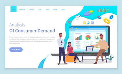 Landing page analysis of customer demand site. Business partners analyze data in office, woman sits on puff, confident man points to laptop. Big cartoon laptop screen with analytic information, icons