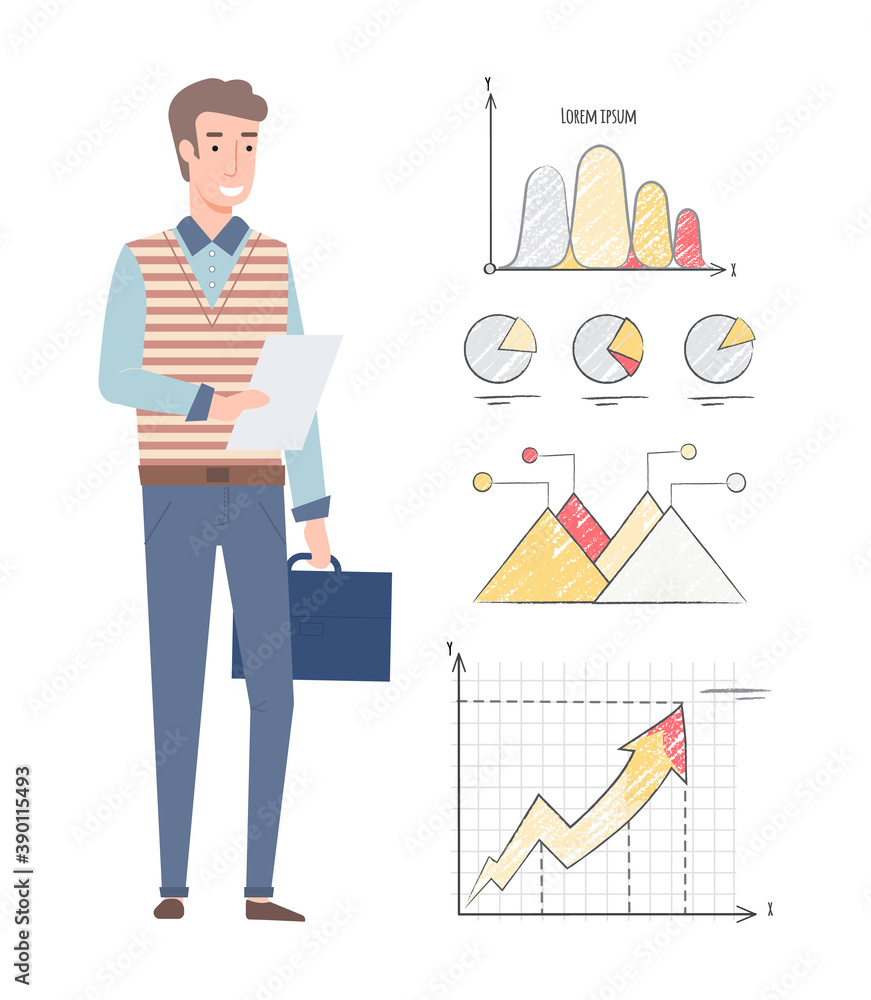 Poster man with report in hands vector, person with business concept and explanation of statistics, results