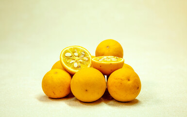Bitter wild Fruit - Trifoliate orange (Poncirus trifoliata) Chinese bitter orange fruits. attractive plant, blooms in the early summer and decorative yellow fruits in autumn