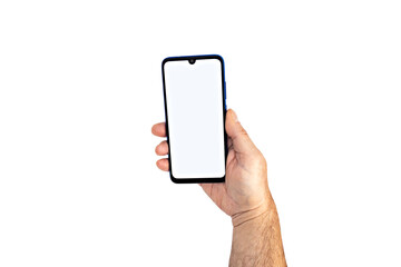 Holding the smartphone with blank screen and modern frameless design