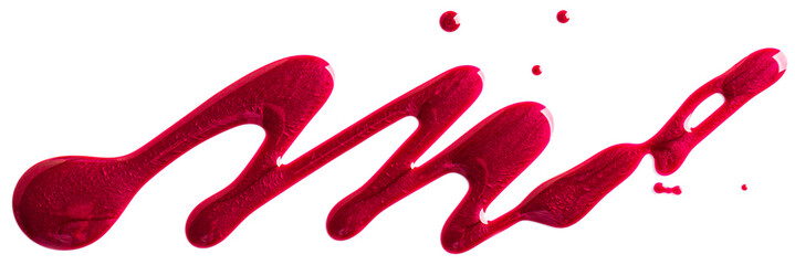 Red glitter nail polish splash isolated on white background.