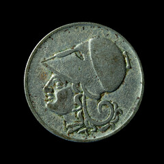 1926 Greek Two Drachmai coin isolated on the black background