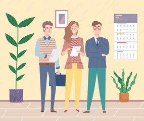 Business people stand with documents, tablets, briefcase in office room. Business meeting. Man with badge, woman uses tablet, waiting for meeting. Calendar on wall, potted plant, cozy room. Flat image