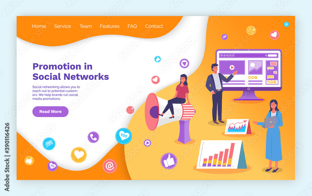 Aufkleber landing page of business website. promotion in social networks. social network development. team of 