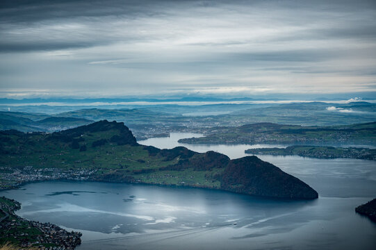 view from Niederbauen over B&uuml;rgenstock in direction of Lucerne on a rainy autumn day