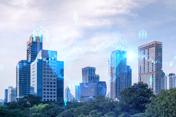 Social media icons hologram over panorama city view of Bangkok, Asia. The concept of people networking and connections. Double exposure.
