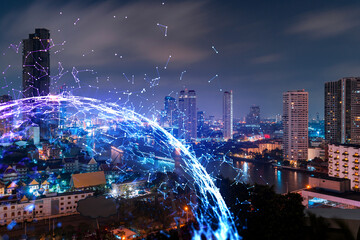 Abstract technology icons, night aerial panoramic cityscape of Bangkok, Asia. The concept of innovative approach to optimize international business process. Double exposure.