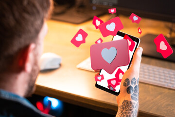 Young Man Holding Modern Mobile Phone With Heart Icons Bursting Out From Screen. 3d Rendering