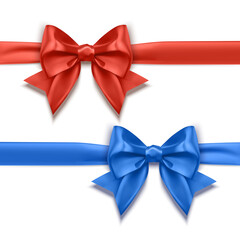 Set of realistic bows of red and blue colors for decoration of postcards, holiday boxes, etc., bows for decoration on a white background, vector illustration