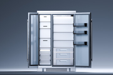 Empty Shelves of Big Steel Refrigerator. Showcase. Diet Keeping. Copy Space. Empty Space. 3d Rendering