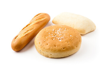 Three different white bread buns isolated on white background. 