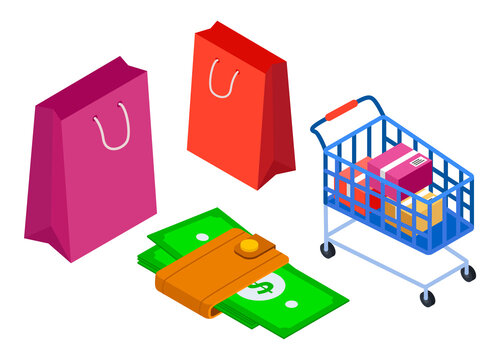 Isometric image of shopping cart with cardboard packaging goods. Money holder with dollars. Peper colorful packages. The concept of shopping, online store, market place. E-commerce. Flat image