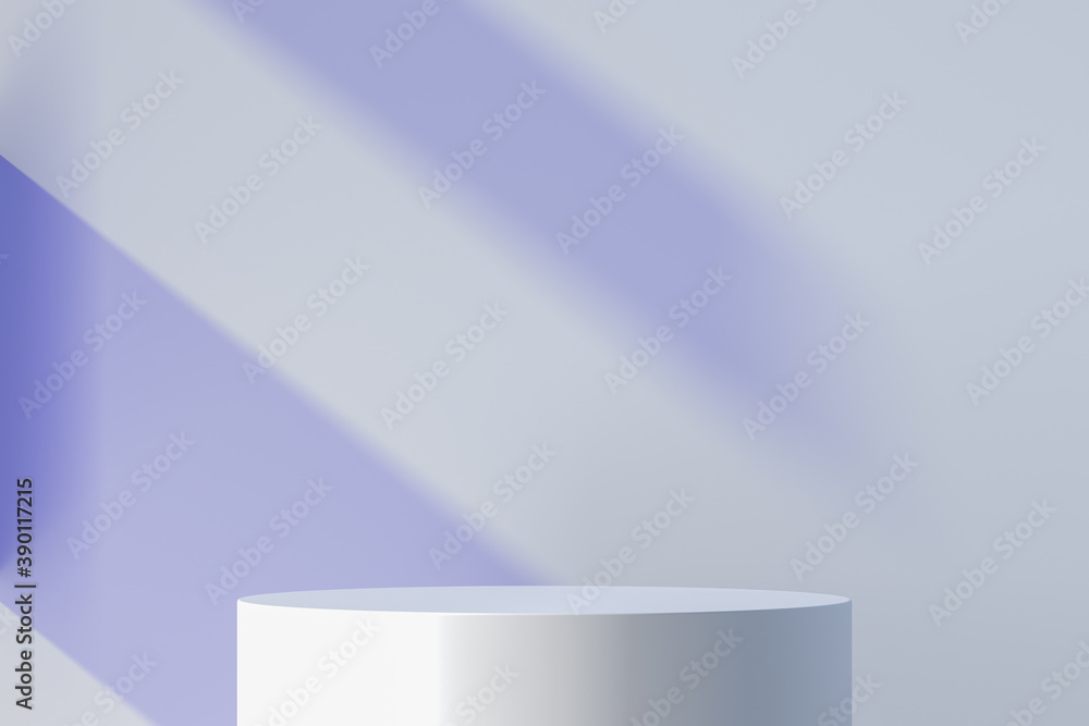 Poster blank round showcase with empty space on pedestal near white walls and violet light. mock up. 3d ren