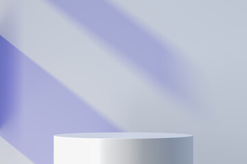 Blank Round Showcase with Empty Space On Pedestal Near White Walls And Violet Light. Mock Up. 3d rendering