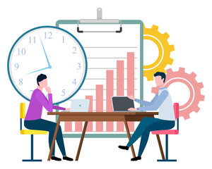 Office employees working with laptops, sitting at table. Business organization and optimization. The concept of company time management vector illustration