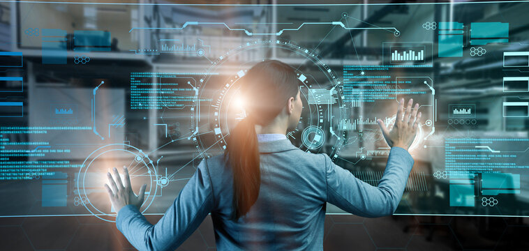 Modern business technologies. Female CEO operating virtual screen with digital analytics infographic, collage, panorama