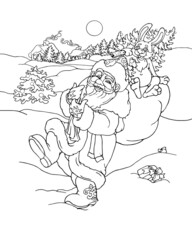 Santa Claus, New Year's gifts, a decorated Christmas tree and a hare.