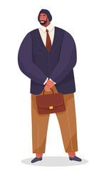 Businessman portrait, black executive man wearing jacket, shirt and tie, pants holding suitcase or portfolio, cartoon character in flat style, stylish young bearded office worker, employee avatar