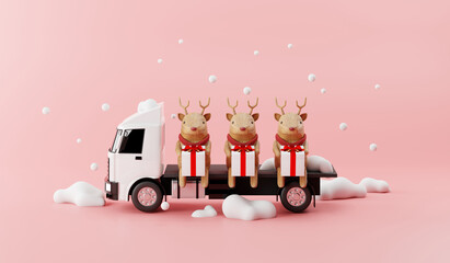 Truck delivery service with reindeer and Happy Gift Box 3d render concept. © Feelplus Creator