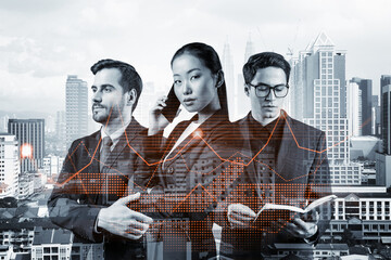 Group of business colleagues in suits as a part of multinational corporate team working on forecasting trading corporate strategy at fund. Forex chart. Kuala Lumpur on background. Double exposure