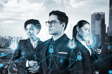 Group of business colleagues as a part of multinational corporate team working on project to...