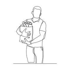 Continuous line drawing of man holding paper bag of fresh vegetable and fruit. One line concept of healthy life style. Single line of shopping fresh vegetable and fruit. vector illustration