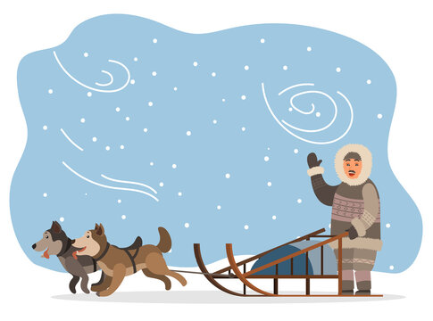 Eskimo wearing fur clothes and sleigh with husky dogs vector. Man hunter character waving hand, snow landscape with puppies and blizzard. Arctic expedition, riding sledge, frozen tundra illustration