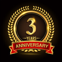 3rd golden anniversary logo, with shiny ring and red ribbon, laurel wreath isolated on black background, vector design