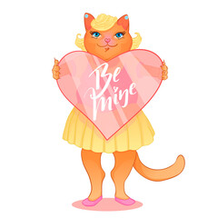 Be mine quote, happy Valentines day card with cute cat and pink heart