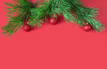 Branches of a Christmas tree with red glittering balls. New Year concept with copy space