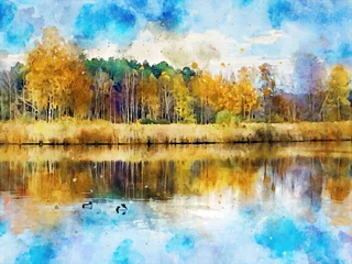 Fotobehang Blauwe hemel Watercolor illustration of autumn landscape on a lake with forest and reed.  © lcrms