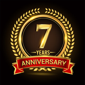 7th golden anniversary logo, with shiny ring and red ribbon, laurel wreath isolated on black background, vector design