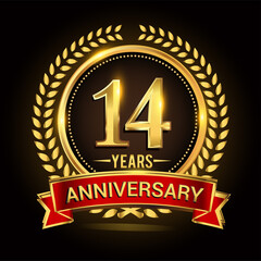 14th golden anniversary logo, with shiny ring and red ribbon, laurel wreath isolated on black background, vector design