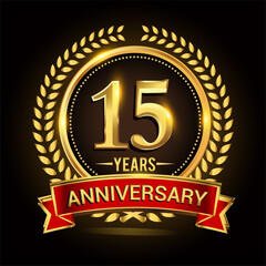 Fototapeta premium 15th golden anniversary logo, with shiny ring and red ribbon, laurel wreath isolated on black background, vector design