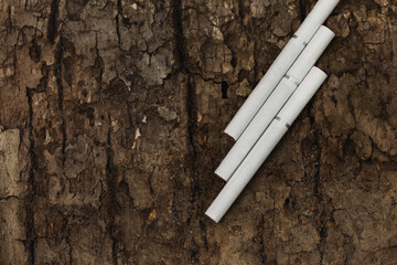 Close up cigarette on tree bark background, Quit Smoking, Stop Smoking Cigarette Concept.