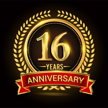 16th golden anniversary logo, with shiny ring and red ribbon, laurel wreath isolated on black background, vector design