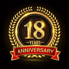 18th golden anniversary logo, with shiny ring and red ribbon, laurel wreath isolated on black background, vector design