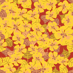 Fototapeta na wymiar Yellow tropical flowres seamless vector pattern. Surface print design for summertime fabrics, stationery, feminine scrapbook paper, textiles, home decor, and packaging.