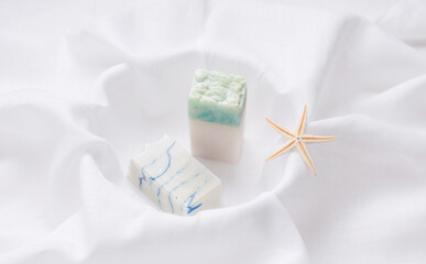 Handmade soap with a marine theme. White background